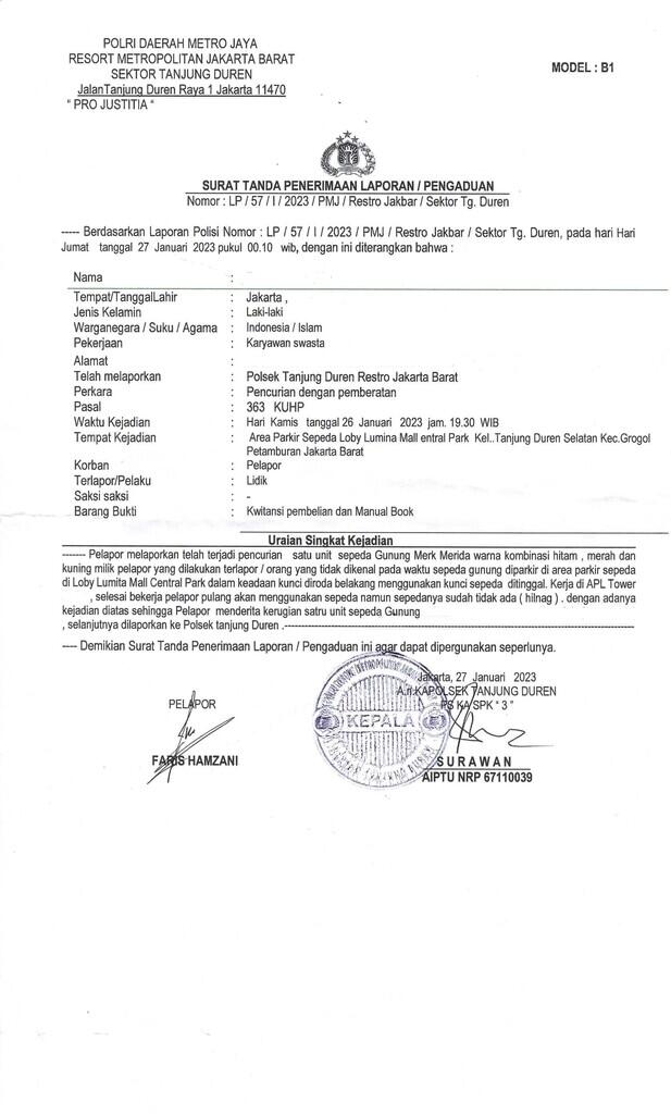 TELAH HILANG SEPEDA MERIDA MATTS TFS 300 (RAKITAN) DI MALL CENTRAL PARK JAKARTA